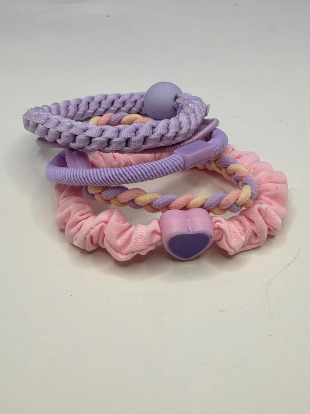 💜 5/$15 Kids Pastel Pink & Lavender 4 Piece Hair Tie Set with Heart Charm